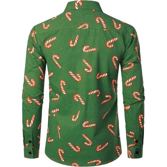 Men's Greencandy Christmas Sirts Claus Party Long Sleeve Button Down Shirts - Picture 2 of 7